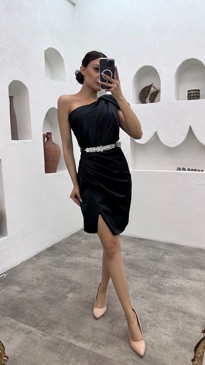 Black One Shoulder Belted Mini Satin Evening Dress