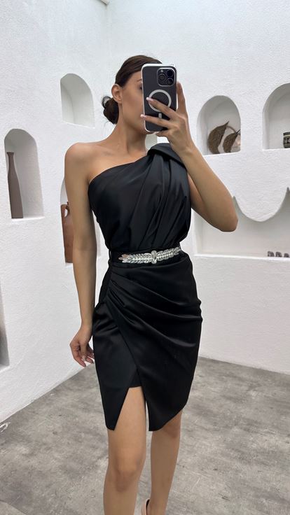 Black One Shoulder Belted Mini Satin Evening Dress