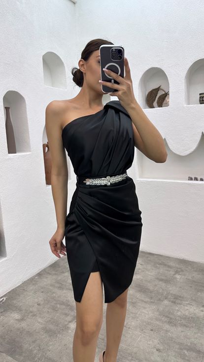 Black One Shoulder Belted Mini Satin Evening Dress