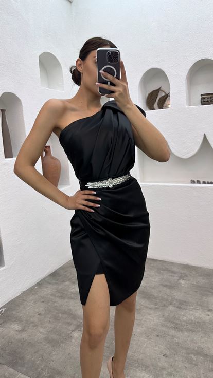 Black One Shoulder Belted Mini Satin Evening Dress