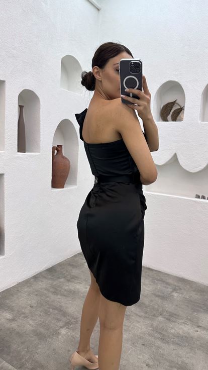 Black One Shoulder Belted Mini Satin Evening Dress