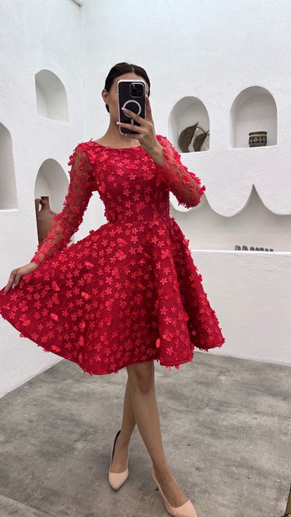 Red Floral Motif Mini Tulle Evening Dress