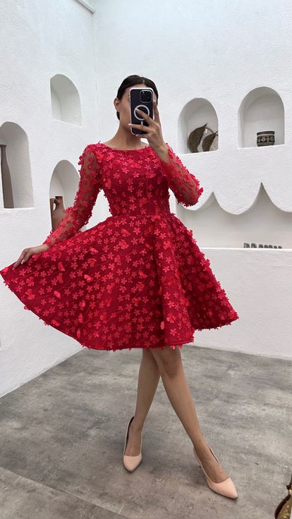 Red Floral Motif Mini Tulle Evening Dress