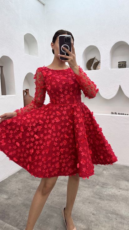 Red Floral Motif Mini Tulle Evening Dress