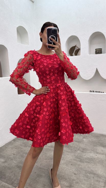 Red Floral Motif Mini Tulle Evening Dress