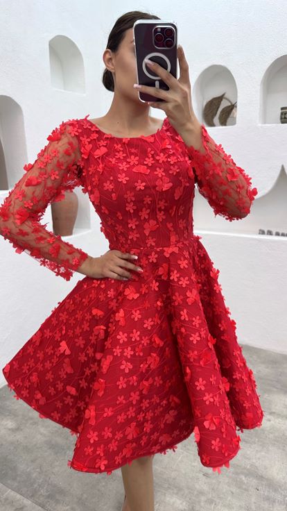 Red Floral Motif Mini Tulle Evening Dress