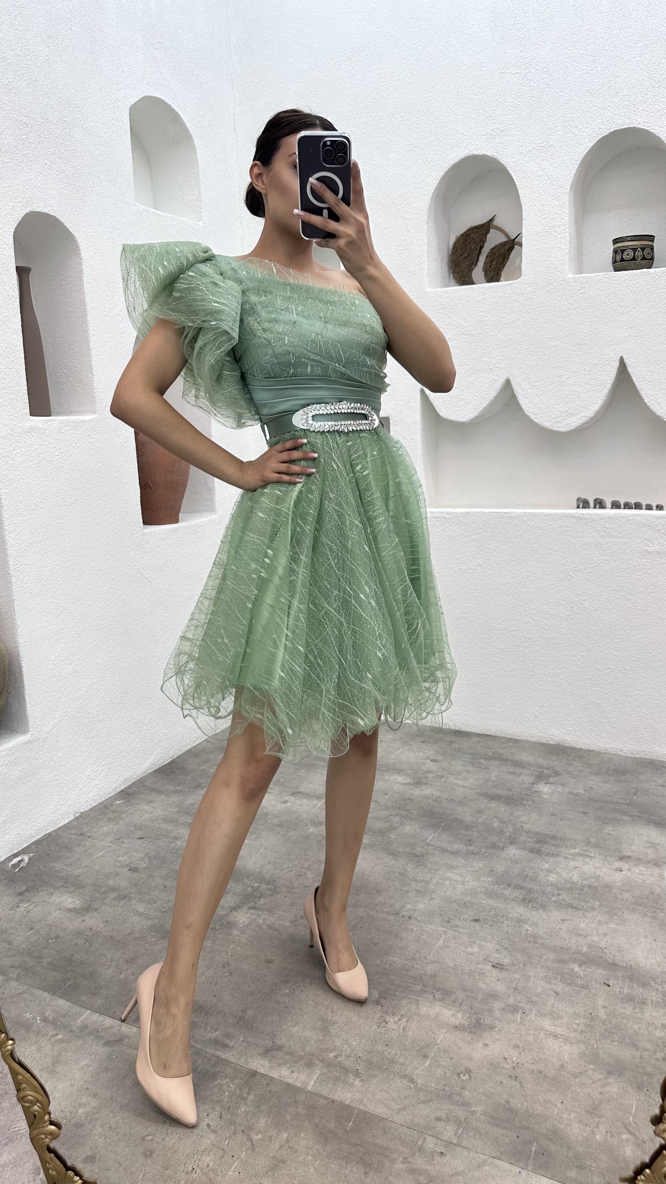Mint Green One-Shoulder Draped Mini Tulle Evening Dress With Belt
