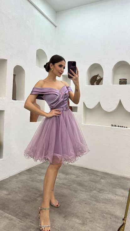 Lila Drapeli Kemerli Tütülü Mini Saten Abiye Elbise
