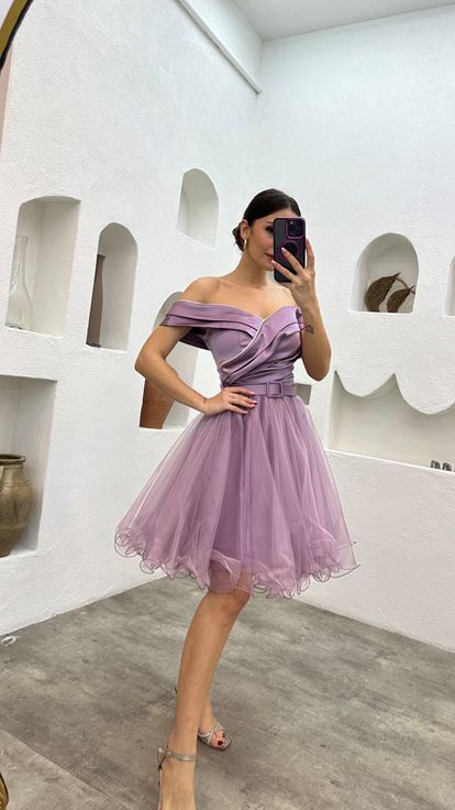 Lila Drapeli Kemerli Tütülü Mini Saten Abiye Elbise