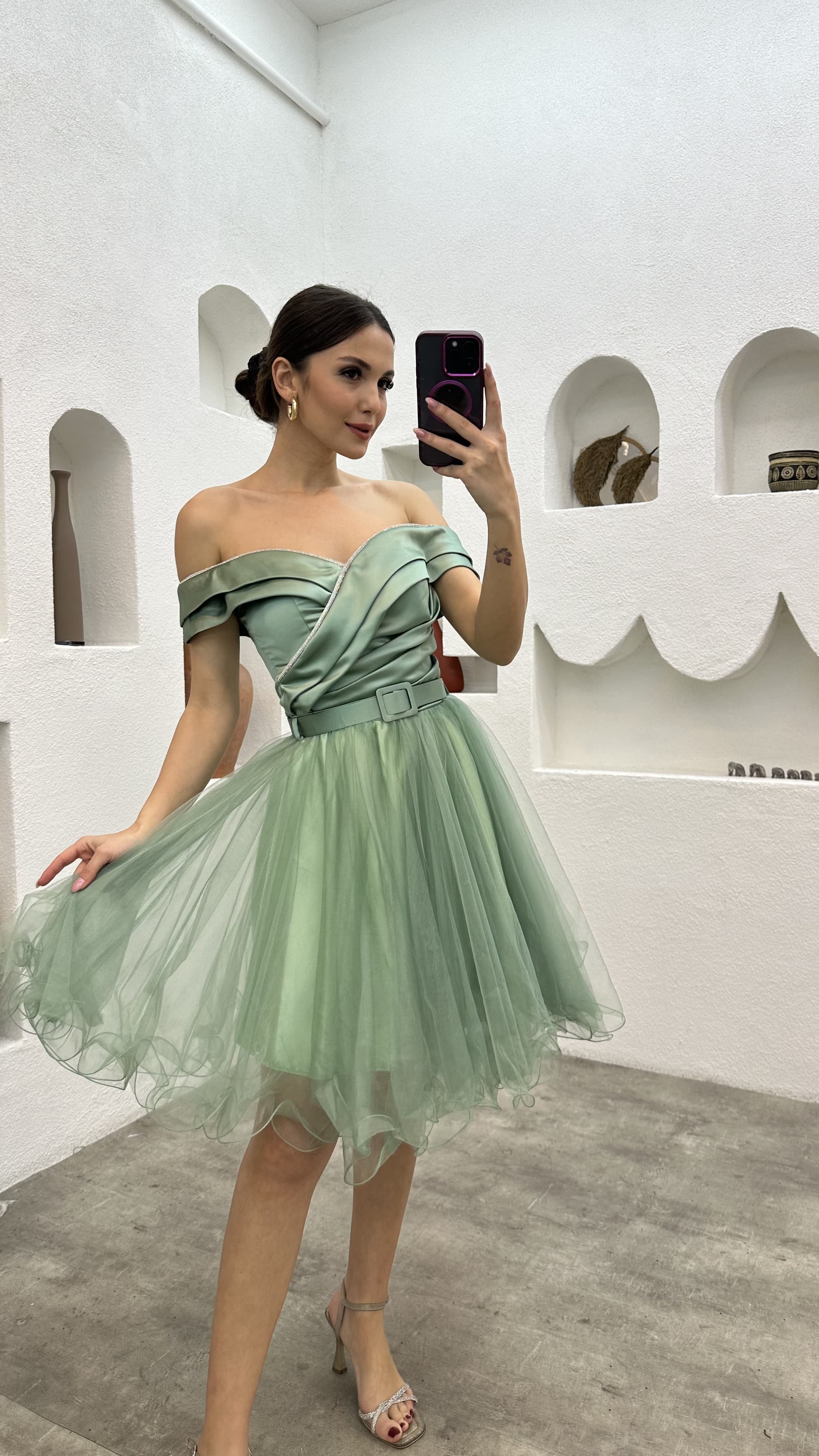 mint green belted dress Belted Shirt Collar Dress Mint Green