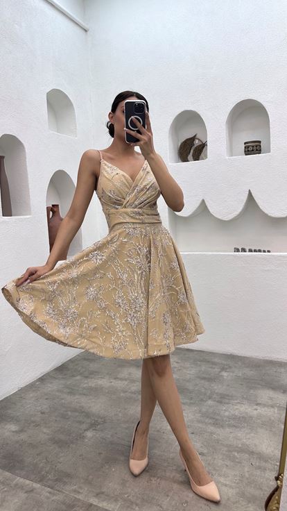 Bej İp Askı Simli Mini Tül Abiye Elbise