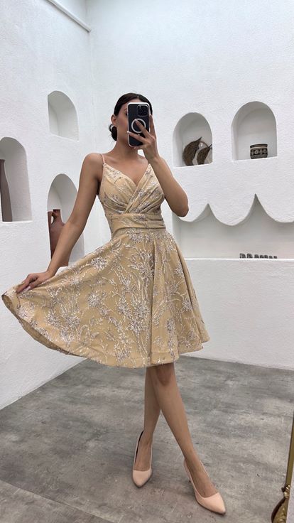 Bej İp Askı Simli Mini Tül Abiye Elbise