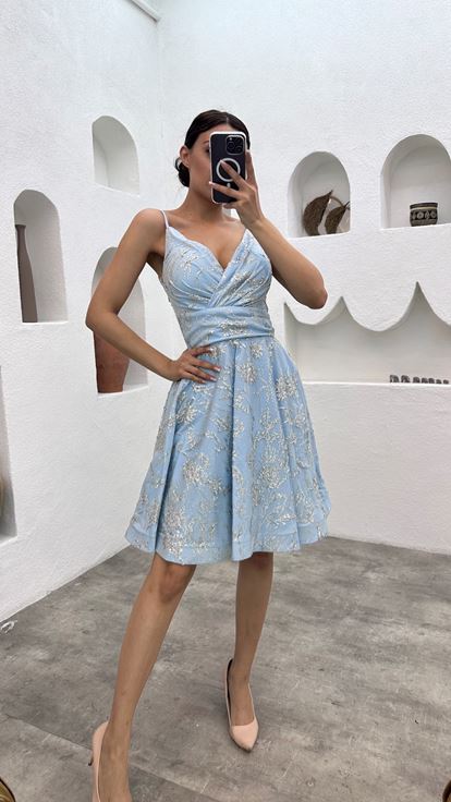 Bebe Mavi İp Askı Simli Mini Tül Abiye Elbise