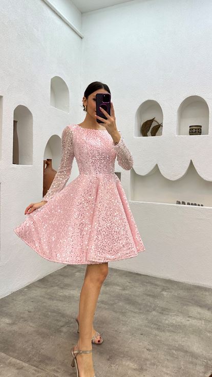 Pembe Volanlı Mini Pul Payetli Tül Abiye Elbise