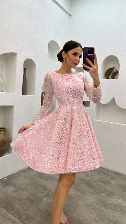 Pembe Volanlı Mini Pul Payetli Tül Abiye Elbise