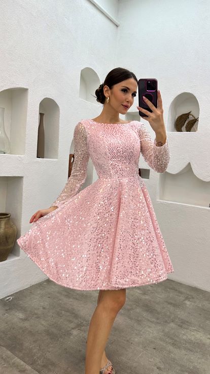 Pembe Volanlı Mini Pul Payetli Tül Abiye Elbise