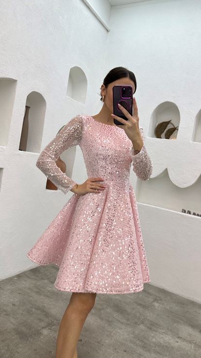 Pembe Volanlı Mini Pul Payetli Tül Abiye Elbise
