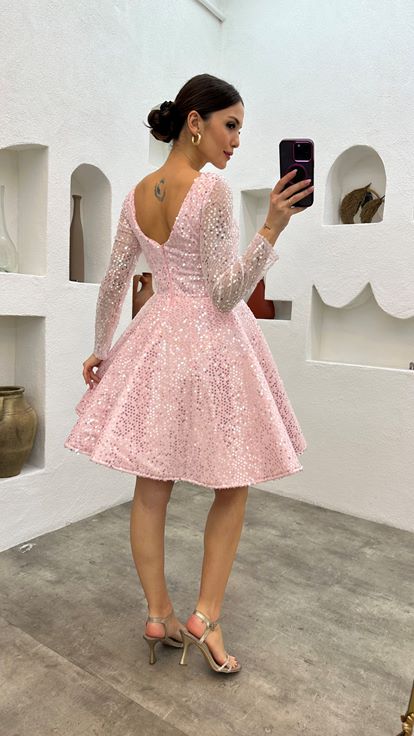 Pembe Volanlı Mini Pul Payetli Tül Abiye Elbise