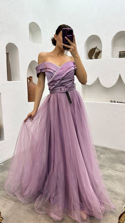 Lilac Drape Detail Belted Tulle Evening Dress