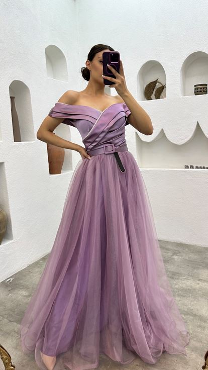Lilac Drape Detail Belted Tulle Evening Dress