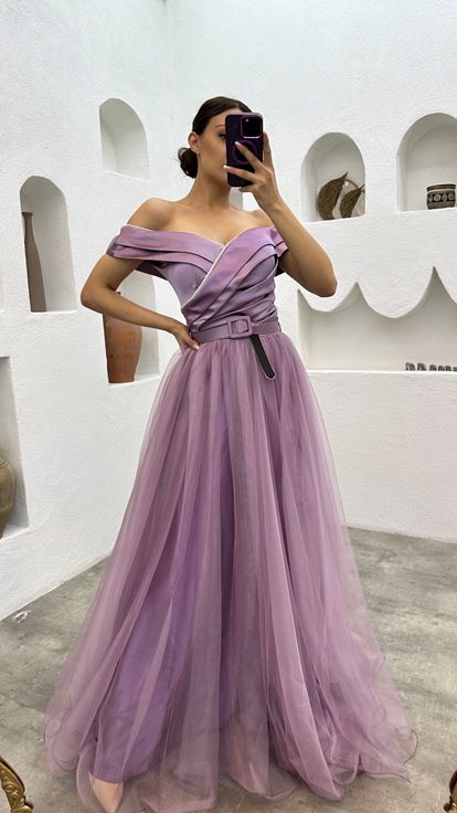 Lilac Drape Detail Belted Tulle Evening Dress