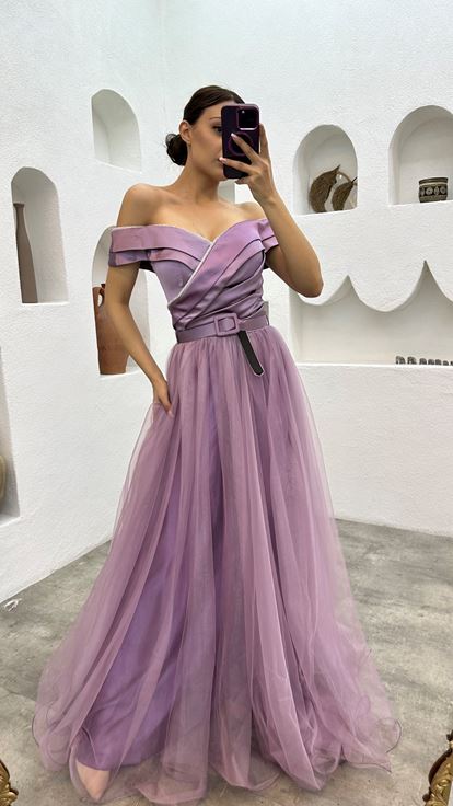 Lilac Drape Detail Belted Tulle Evening Dress