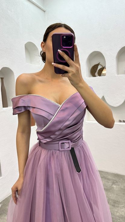 Lilac Drape Detail Belted Tulle Evening Dress