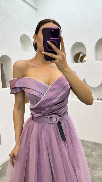 Lilac Drape Detail Belted Tulle Evening Dress