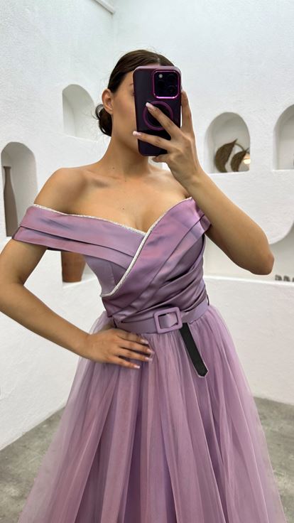 Lilac Drape Detail Belted Tulle Evening Dress