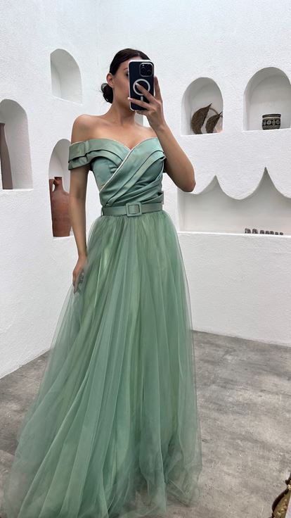 Mint Green Drape Detailed Belted Tulle Evening Dress