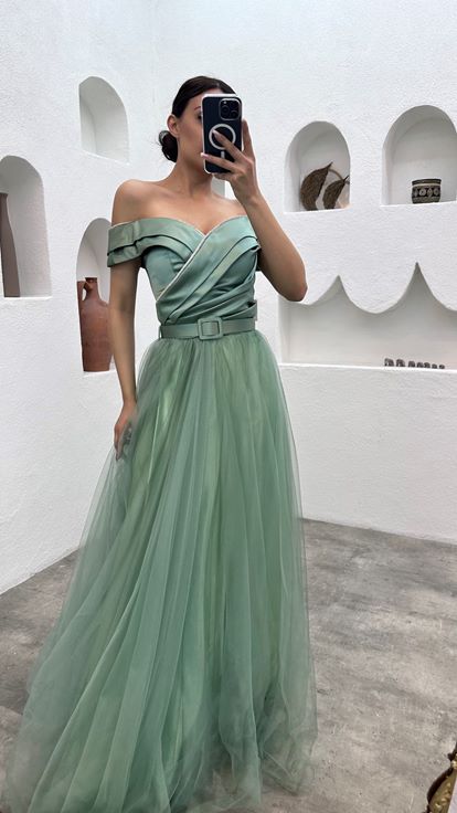 Mint Green Drape Detailed Belted Tulle Evening Dress