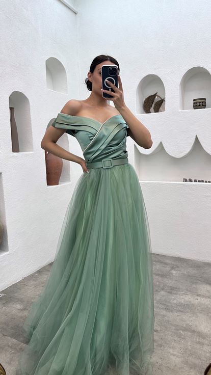 Mint Green Drape Detailed Belted Tulle Evening Dress
