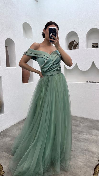 Mint Green Drape Detailed Belted Tulle Evening Dress