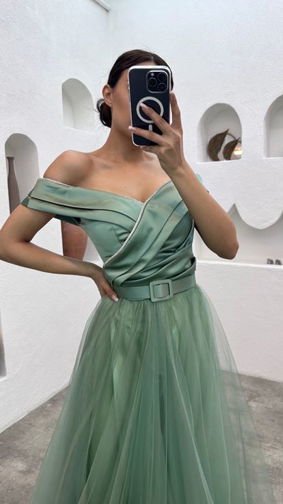 Mint Green Drape Detailed Belted Tulle Evening Dress