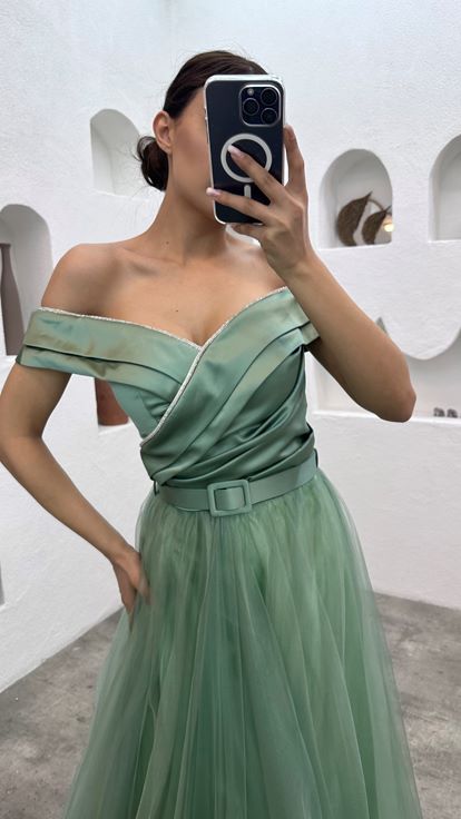Mint Green Drape Detailed Belted Tulle Evening Dress