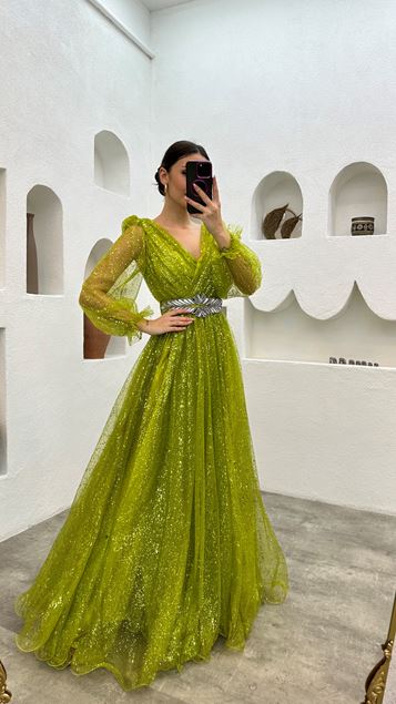 Sarı Kemerli Pul Payet Tül Abiye Elbise