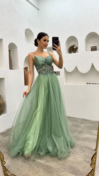 Mint Green Rope Strap Draped Beaded Embroidery Tulle Evening Dress