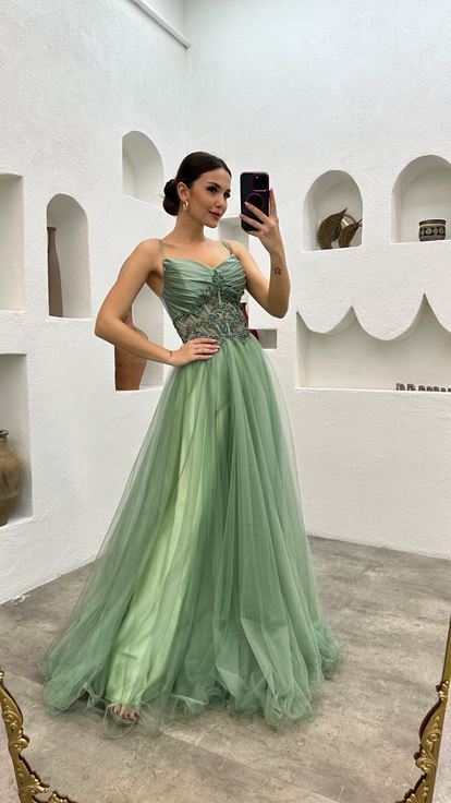 Mint Green Rope Strap Draped Beaded Embroidery Tulle Evening Dress