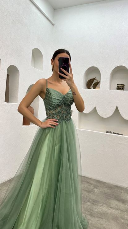 Mint Green Rope Strap Draped Beaded Embroidery Tulle Evening Dress