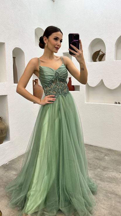 Mint Green Rope Strap Draped Beaded Embroidery Tulle Evening Dress