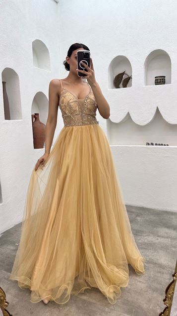 Beige Corde Strap Pierre Brodée Tulle Robe de soirée