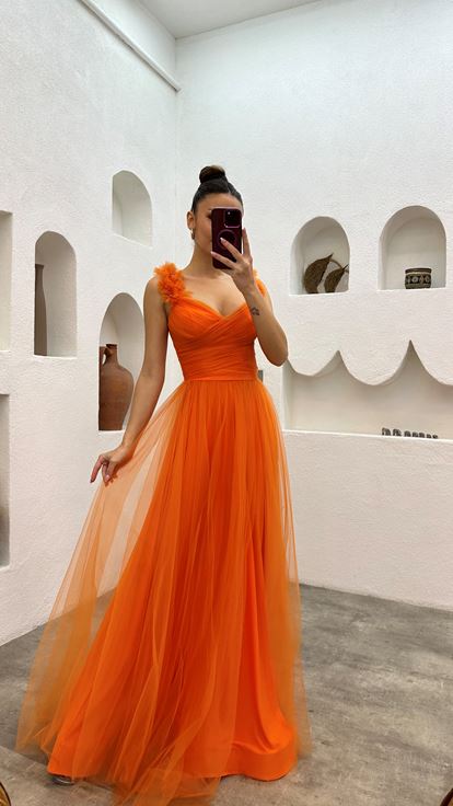 Orange Shoulder Tulle Detail Design Dress