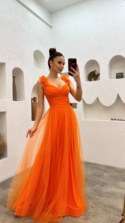 Orange Shoulder Tulle Detail Design Dress