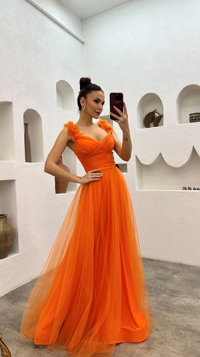 Orange Shoulder Tulle Detail Design Dress