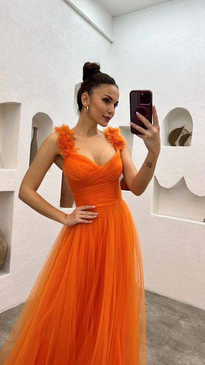 Orange Shoulder Tulle Detail Design Dress