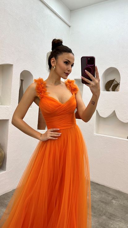 Orange Shoulder Tulle Detail Design Dress