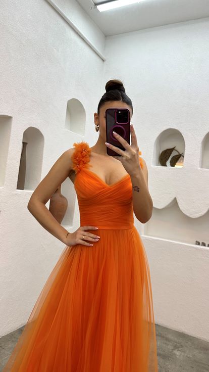 Orange Shoulder Tulle Detail Design Dress