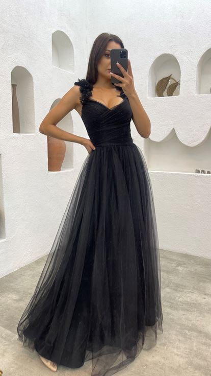 Black Shoulder Tulle Detail Design Dress