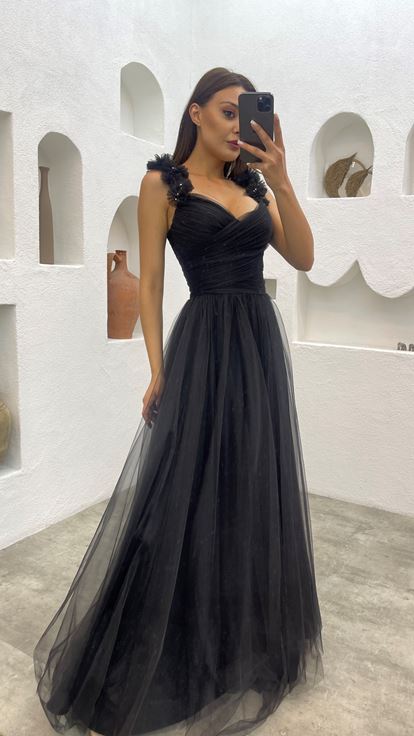 Black Shoulder Tulle Detail Design Dress