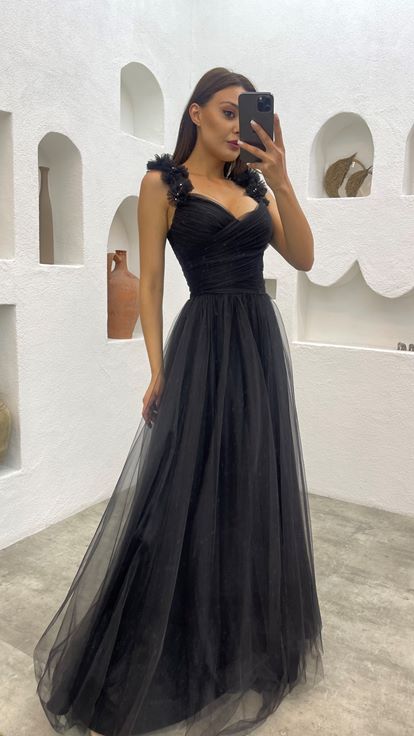 Black Shoulder Tulle Detail Design Dress